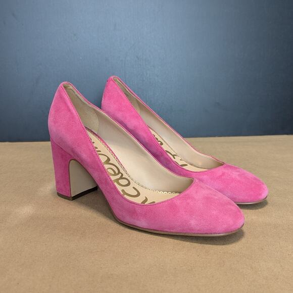 Sam Edelman Junie Hot Pink Block Heels Pumps Womens 8 Slip On Suede Leather - Picture 1 of 6